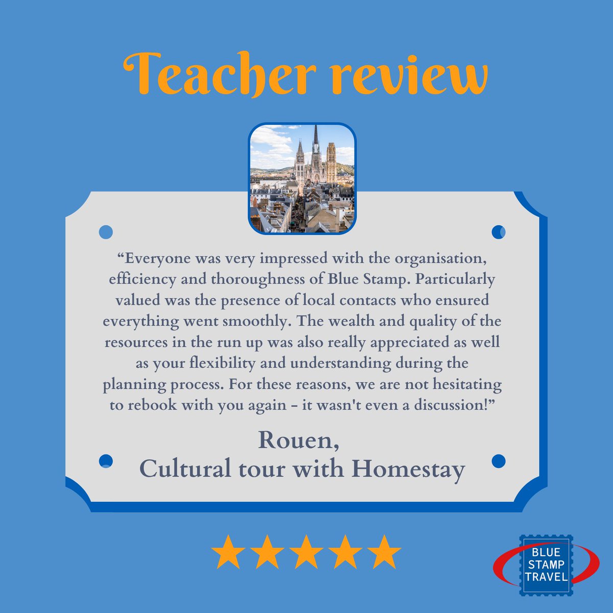 We have just received a fantastic #review from a teacher from a recent school trip to Rouen! 🇫🇷

We're delighted to hear they were impressed with the organisation, efficiency, and support provided throughout their experience! 🙌

#weareabtamembers #studytravel