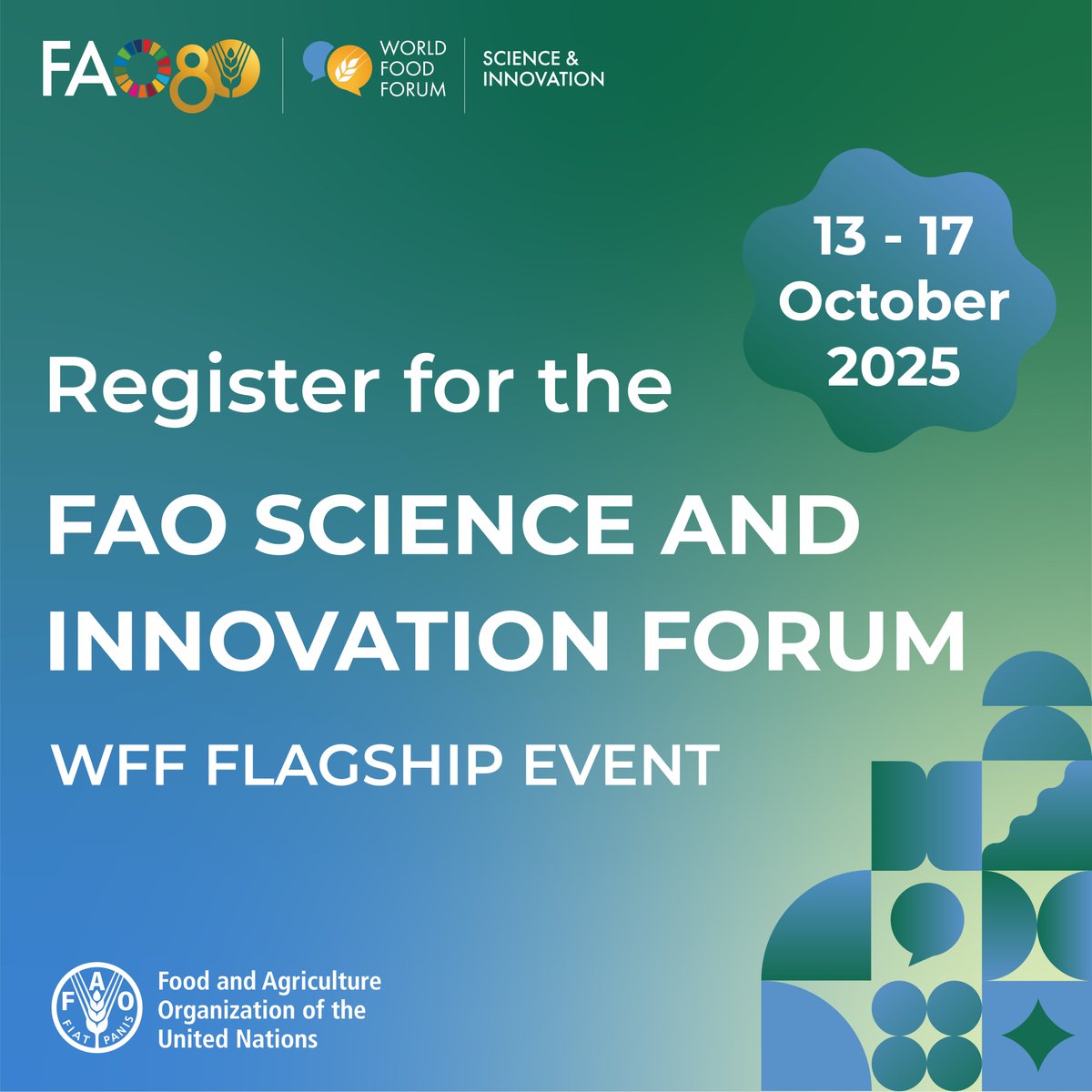Registration is now OPEN for the <a href="/FAO/">Food and Agriculture Organization</a> Science &amp; Innovation Forum 2025!

🔬🤝 Join us in Rome or online from 13–17 October to explore bold ideas, frontier science &amp; inclusive partnerships transforming our agrifood systems.

➡️ world-food-forum.org/2025/registrat…

#SIF2025 #AgInnovation