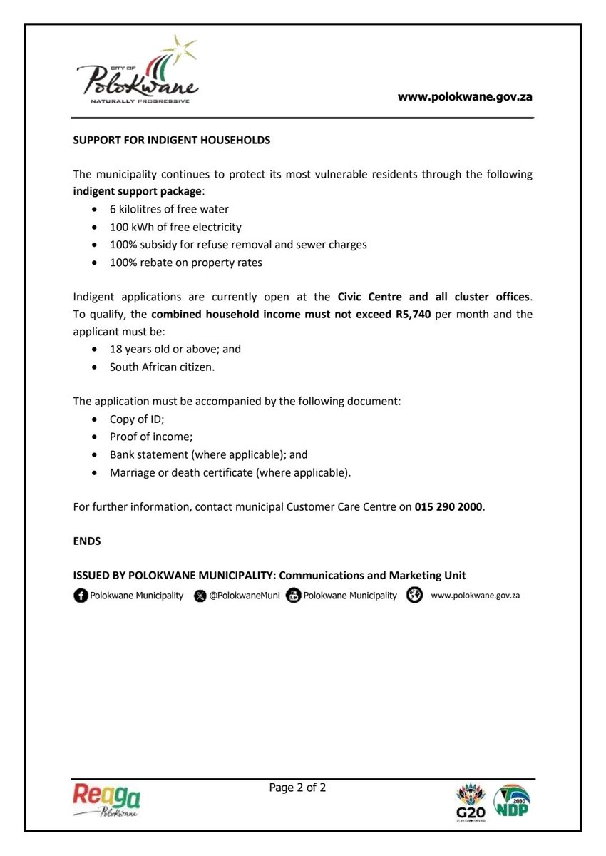 PolokwaneMuni's tweet image. TARIFF ADJUSTMENTS ALERT
Polokwane Municipality announces 2025/26 tariff increases effective 1 July:
Water: 10.2%–11.2%
Electricity: 11.32% (NERSA aligned)
Rates/Services: 3%–6%
Indigent households get free basic services.
Apply now at Civic Centre or cluster offices.
End