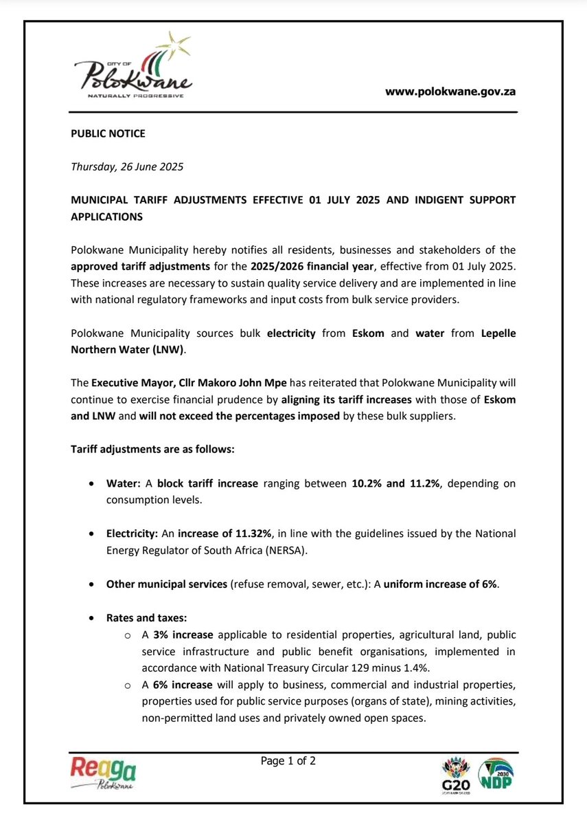 PolokwaneMuni's tweet image. TARIFF ADJUSTMENTS ALERT
Polokwane Municipality announces 2025/26 tariff increases effective 1 July:
Water: 10.2%–11.2%
Electricity: 11.32% (NERSA aligned)
Rates/Services: 3%–6%
Indigent households get free basic services.
Apply now at Civic Centre or cluster offices.
End