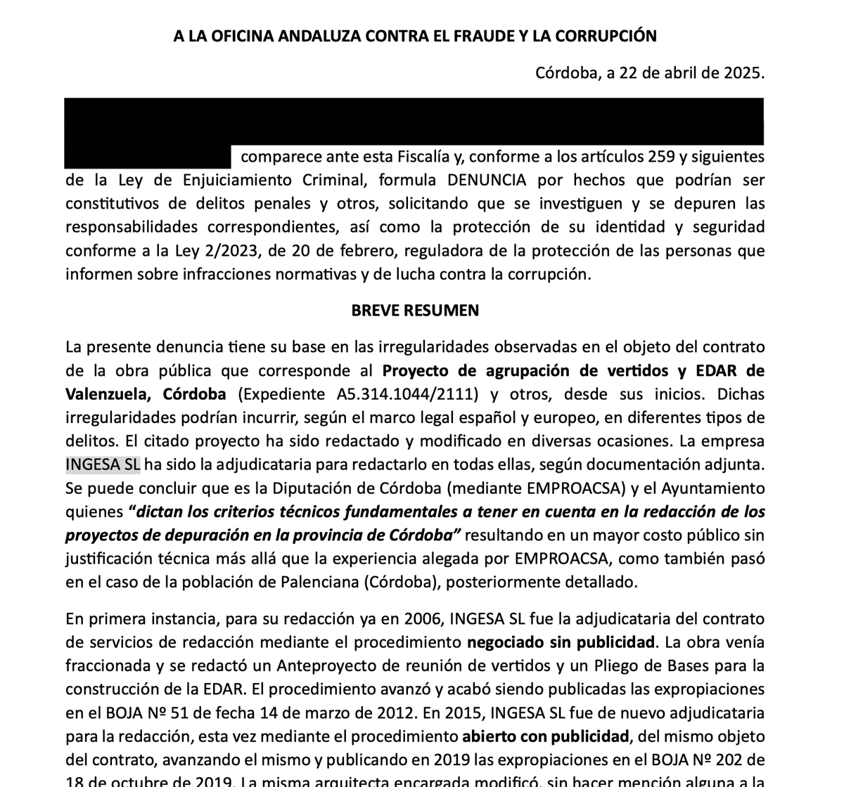 📰 ACTUALIDAD

Contratos duplicados, adjudicaciones a dedo y aguas contaminadas: Alvise Pérez denuncia un nuevo escándalo hidráulico en Córdoba.

Acusa a INGESA SL de haber sido contratada tres veces para el mismo proyecto en Valenzuela, con costes inflados por la Diputación y