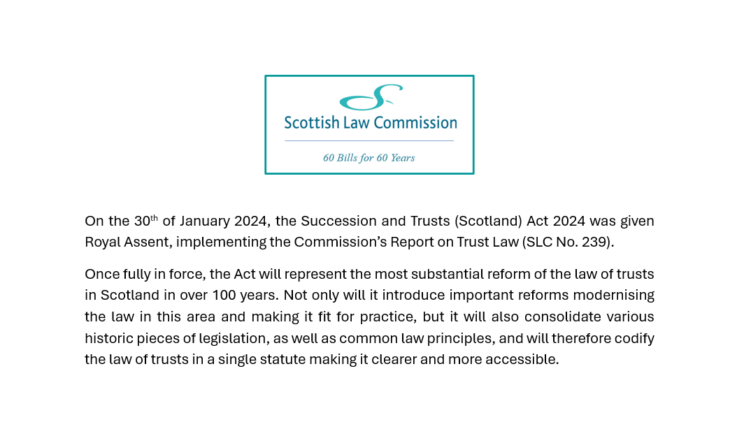 scotlawcom's tweet image. #60Billsfor60Years
Today's Bill, once fully enacted, will bring about the most significant reform to Scotland's trust law in over a century.
Report:
scotlawcom.gov.uk/files/4014/090…