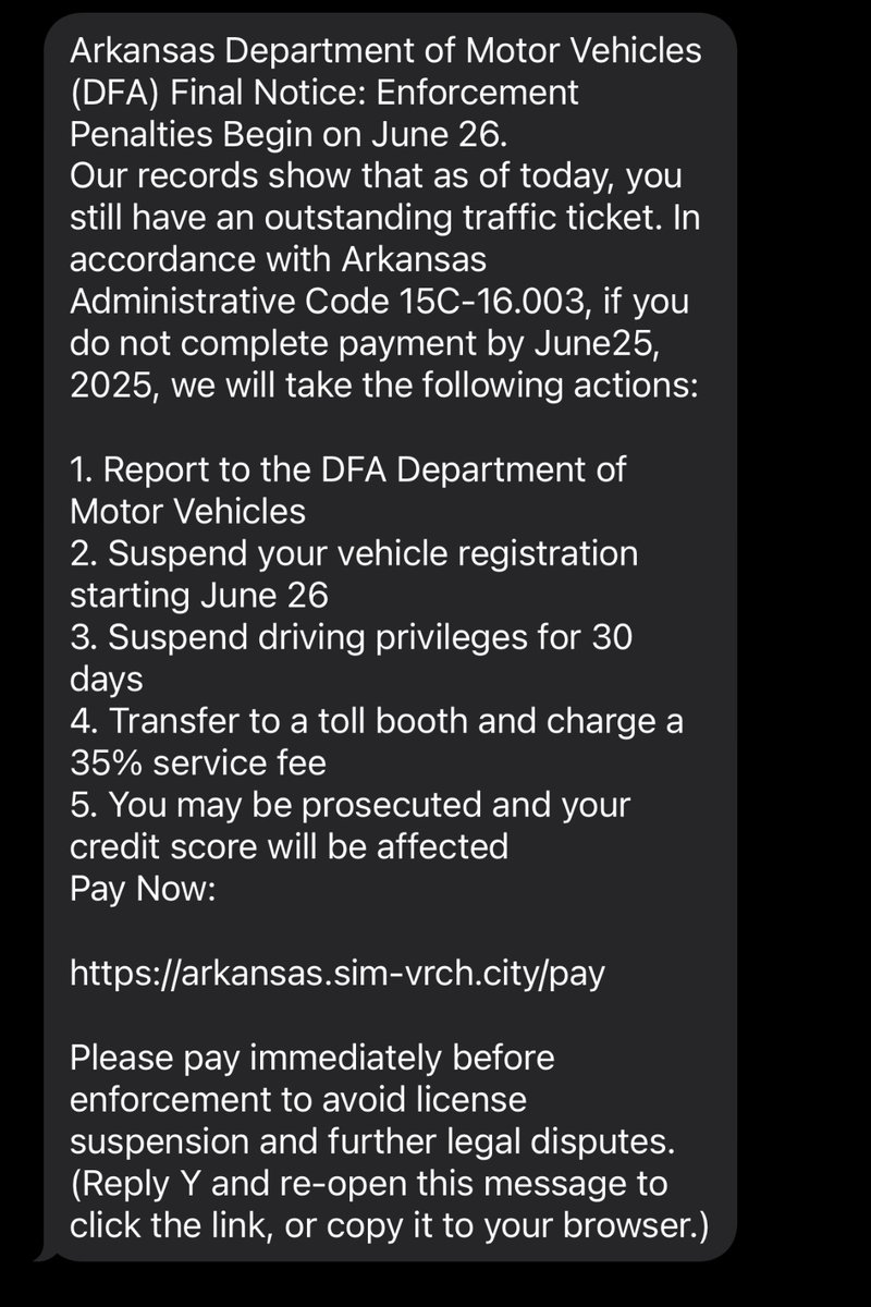 DFA is not sending texts regarding traffic tickets. This is an attempt to steal your financial information. Don't click the link. Stay safe. 

#ARNews