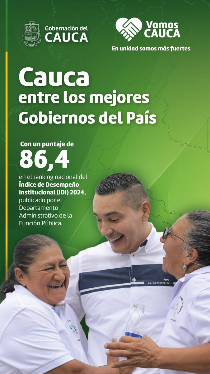 #FelizJueves Detrás de cada reconocimiento, hay una comunidad que sueña, planea y trabaja unida.

El resultado sobresaliente del #Cauca en el Índice de Desempeño Institucional de <a href="/DAFP_COLOMBIA/">Función Pública</a> es un reflejo de lo que somos: gente comprometida, gobierno que escucha y una fuerza