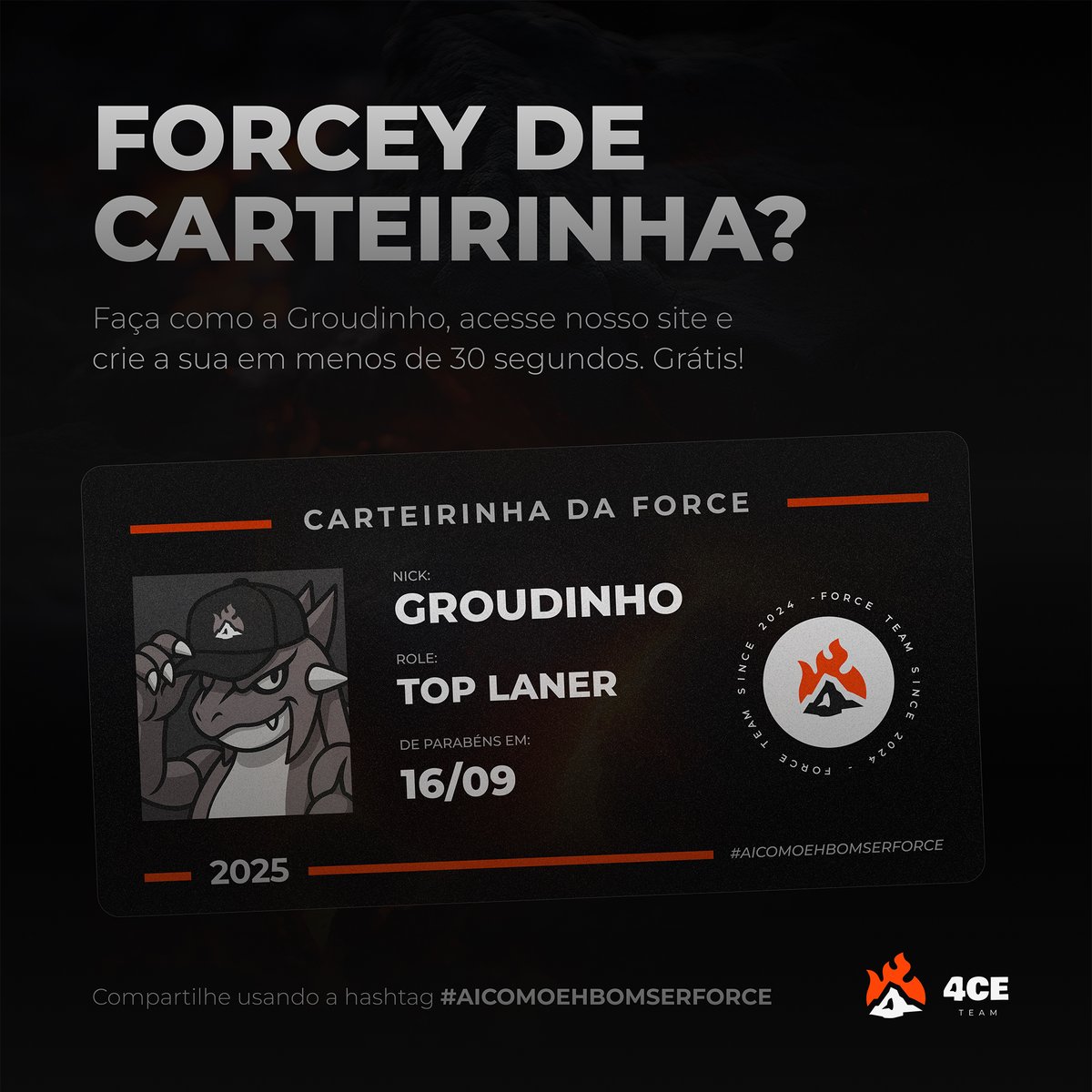 NOVIDADE QUENTE! 🌋🔥 

Depois de muitos pedidos agora você pode fazer sua carteirinha da Force em menos de 30 segundos no nosso site.

Faça como o Groudinho, crie e compartilhe com a hashtag #AICOMOEHBOMSERFORCE! 

Para de Kyogre e acessa lá!

#GoForce #ForceGaming