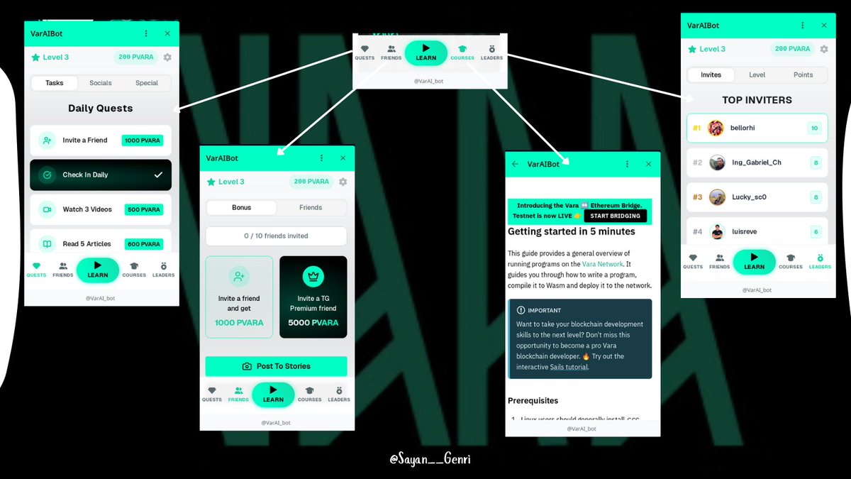 Sayan Genri (@sayan__genri) on Twitter photo MiniApp Overview <a href="/VaraNetwork/">Vara Network</a>
-> Quests – Complete tasks
-> Referrals – Invite friends
-> Learn – Watch & read
-> Courses – Take lessons
-> Leaderboard – See your rank
🔐 settings –> connect your wallet to track progress and earn rewards. MiniApp Overview <a href="/VaraNetwork/">Vara Network</a>
-> Quests – Complete tasks
-> Referrals – Invite friends
-> Learn – Watch & read
-> Courses – Take lessons
-> Leaderboard – See your rank
🔐 settings –> connect your wallet to track progress and earn rewards.