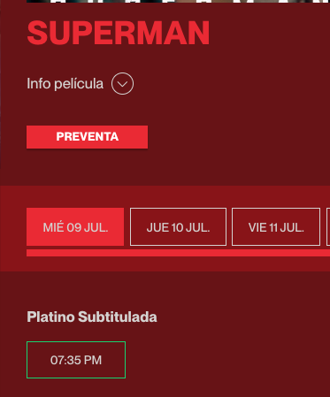 Como <a href="/Cinepolis/">Cinépolis</a> no activaba la preventa de #Superman me fui a <a href="/Cinemex/">Cinemex</a> y compré, con la sorpresa de que está disponible además el miércoles 9 de julio.