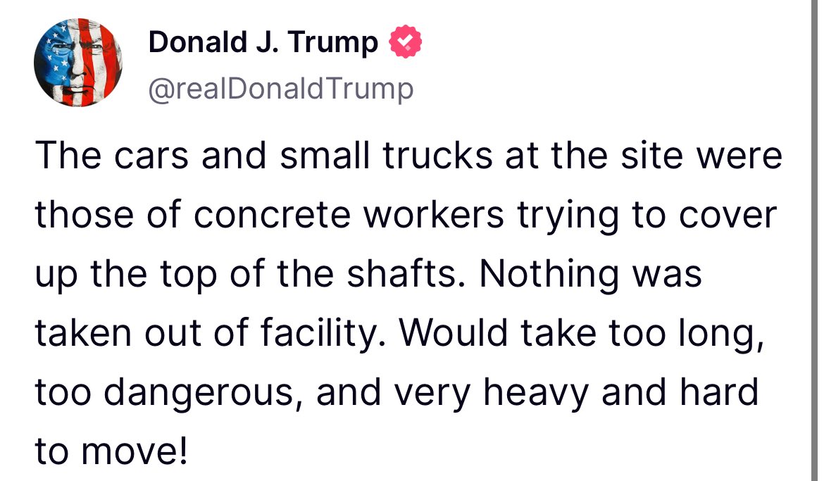 Alexandria Hoff (@alexandriahoff) on Twitter photo President Trump says that satellite imagery showing trucks at Fordow nuclear facility prior to U.S. strikes, captured an effort to cover up shafts - not move materials. When asked about the possibility that Iran had moved its stockpile, Sec Hegseth told <a href="/JenGriffinFNC/">Jennifer Griffin</a>, “we’re President Trump says that satellite imagery showing trucks at Fordow nuclear facility prior to U.S. strikes, captured an effort to cover up shafts - not move materials. When asked about the possibility that Iran had moved its stockpile, Sec Hegseth told <a href="/JenGriffinFNC/">Jennifer Griffin</a>, “we’re