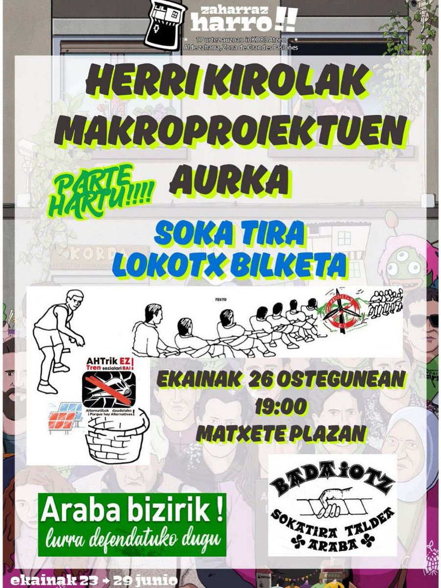 ArabaBizirik's tweet image. 💥 Zatoz ekainaren 26an 🗓️ 19:00etan Matxete plazara! 🏋️♂️ Herri kirolak, aldarrikapena eta giro paregabea! ✊ Soka-tira, lokotx bilketa… Parte hartu! 🌱💚