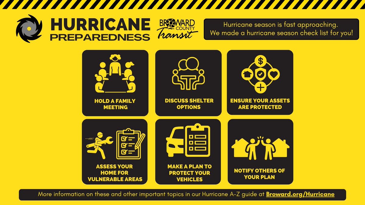 BrowardTransit's tweet image. Preparation is key during hurricane season. Here are some essential tips to keep you safe. Share these tips with your friends and family.

For more information, please visit the official Broward County Preparedness Guide at Broward.org/Hurricane.
.
.
.
#BrowardTransit #BCT