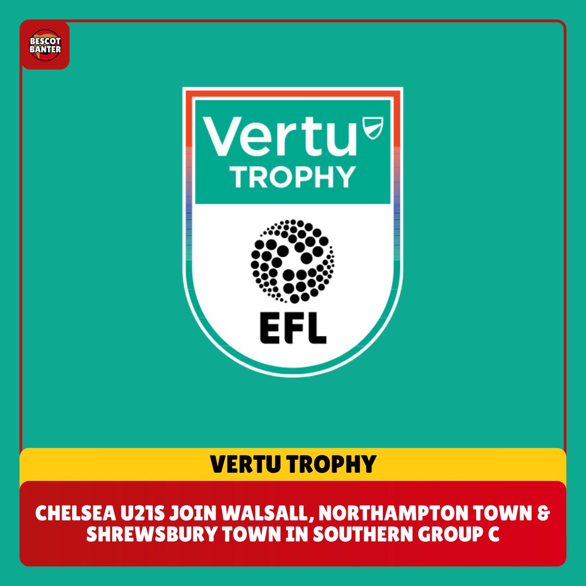 🏆 Walsall, Northampton Town and Shrewsbury Town will be joined by Chelsea U21s in the group stage of this season's Vertu Trophy.

📅 Group Stage matches will commence in early September.

#Saddlers #VertuTrophy