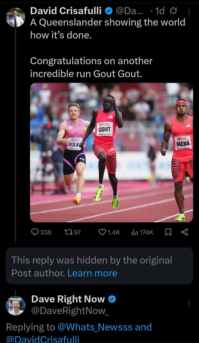 What’s News!? (@whats_newsss) on Twitter photo Can someone explain why <a href="/DavidCrisafulli/">David Crisafulli</a> is removing my comments for simply pointing out the fact that "Gout Gout" is not a bloody Australian!?
I also pointed out the fact that he'll happily celebrate the African community whilst at the same time completely ignoring that fact Can someone explain why <a href="/DavidCrisafulli/">David Crisafulli</a> is removing my comments for simply pointing out the fact that "Gout Gout" is not a bloody Australian!?
I also pointed out the fact that he'll happily celebrate the African community whilst at the same time completely ignoring that fact