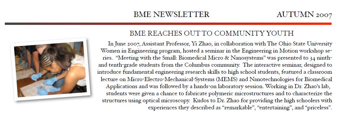 OhioStateBME (@ohiostatebme) on Twitter photo We are deep in nostalgia planning our upcoming 20th anniversary event go.osu.edu/bme20th
While our dept has grown drastically, we are proud that some things have not changed, like our commitment to community outreach
Check out this story from 2007 featuring Zhao's outreach We are deep in nostalgia planning our upcoming 20th anniversary event go.osu.edu/bme20th
While our dept has grown drastically, we are proud that some things have not changed, like our commitment to community outreach
Check out this story from 2007 featuring Zhao's outreach