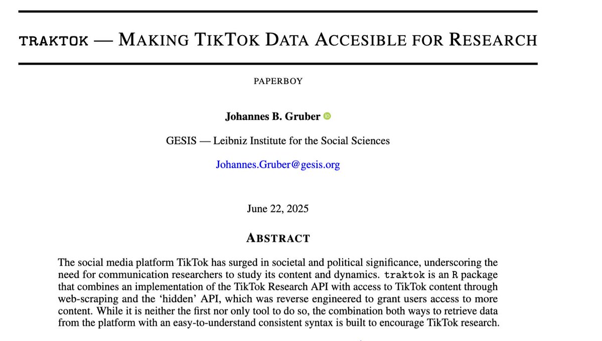 Want to easily scrape data from TikTok?

There's an R package for that!

traktok

"While it is neither the first nor only tool to do so ... the [package provides] ... an easy-to-understand consistent syntax [meant] to encourage TikTok research"