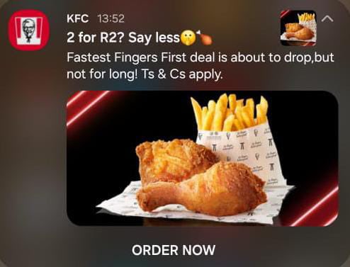 n_makhubele's tweet photo. You’re on Twitter but not on the KFC App?
 Priorities, chomie.
 There’s chicken waiting 🐔
 #KFCAppWeek #KFCFastestFingers @KFCSA
 Android: https://t.co/t895e8A0YU
 iOS: https://t.co/UuCKY8zmu5 https://t.co/FaMh4GARMl