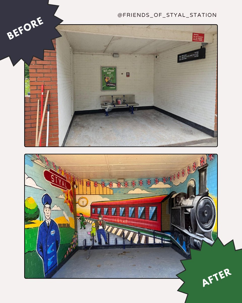 Crewe-Manchester CRP (@c2mcrp) on Twitter photo A colourful mural now brightens <a href="/StyalStation/">Friends of Styal Station</a>, celebrating 200 years of passenger trains! 🎨🚉 Funded by Northern Rail & painted by Jo at Water Creative it features local history & a nod to Albert Brown, who served 45 years on the station. #Rail200 A colourful mural now brightens <a href="/StyalStation/">Friends of Styal Station</a>, celebrating 200 years of passenger trains! 🎨🚉 Funded by Northern Rail & painted by Jo at Water Creative it features local history & a nod to Albert Brown, who served 45 years on the station. #Rail200