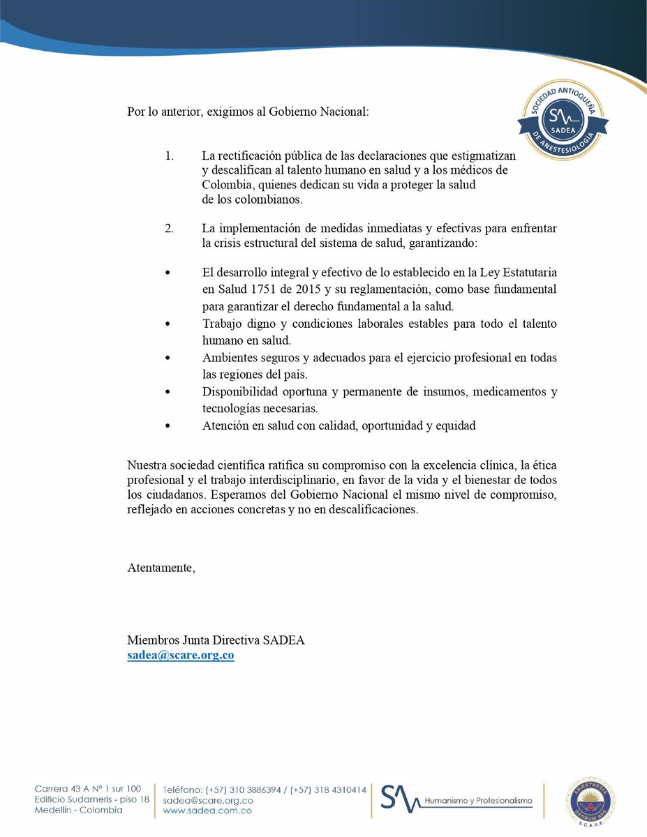 Pronunciamiento oficial de SADEA frente a declaraciones emitidas en Medellín el 22 de junio de 2025, en la Plaza de la Alpujarra, por el presidente de la república, Gustavo Petro.