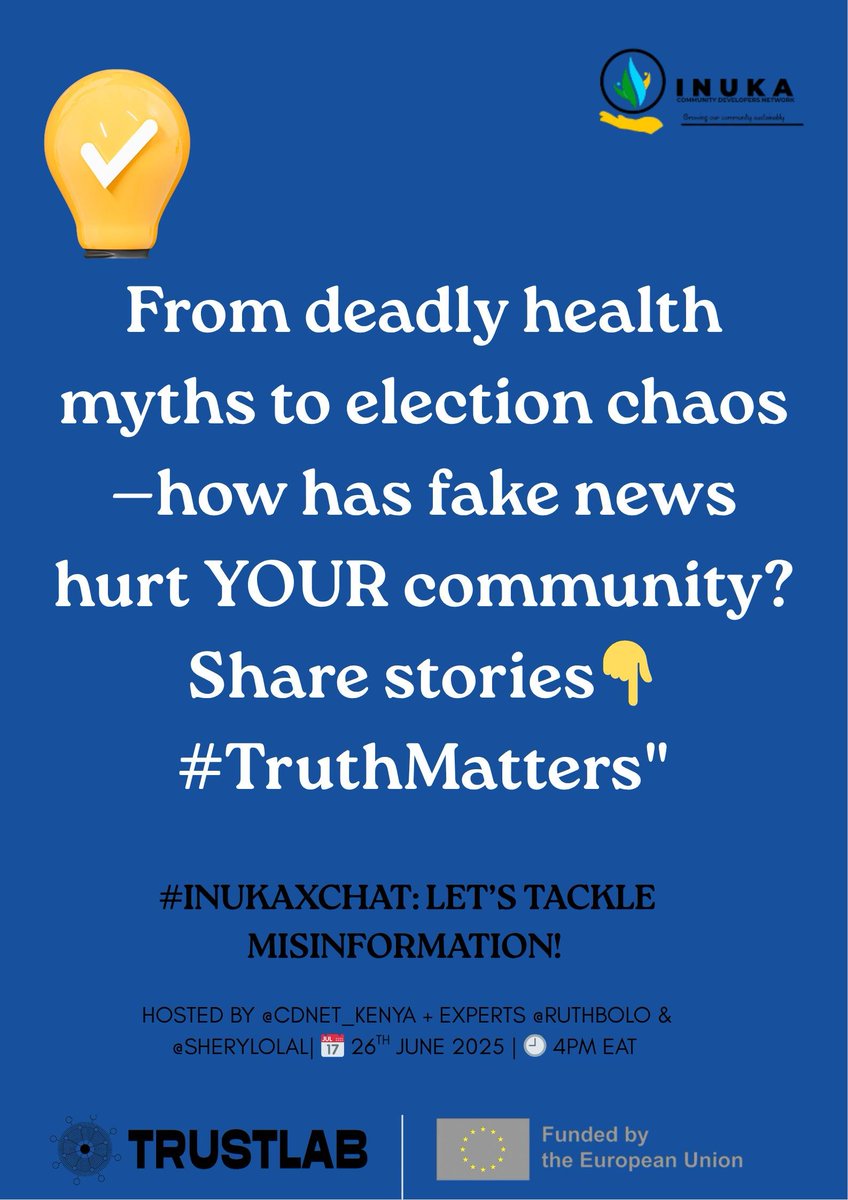 INUKA Community Developers Network (@cdnet_kenya) on Twitter photo How has Misinformation;Fake news affected your community.
<a href="/lydia_hongo/">Amb. Atieno Hongo</a> <a href="/GodwinAyata/">AYATA GODWIN</a> <a href="/OsunguErick/">Erick Osungu</a> <a href="/CHOGO_043/">Coalition of Homabay Org. on Governance Oversight</a> <a href="/democracy_moves/">Democracy Moves</a>
#TrustLab
#FactFirstVerifyAndAmplify How has Misinformation;Fake news affected your community.
<a href="/lydia_hongo/">Amb. Atieno Hongo</a> <a href="/GodwinAyata/">AYATA GODWIN</a> <a href="/OsunguErick/">Erick Osungu</a> <a href="/CHOGO_043/">Coalition of Homabay Org. on Governance Oversight</a> <a href="/democracy_moves/">Democracy Moves</a>
#TrustLab
#FactFirstVerifyAndAmplify