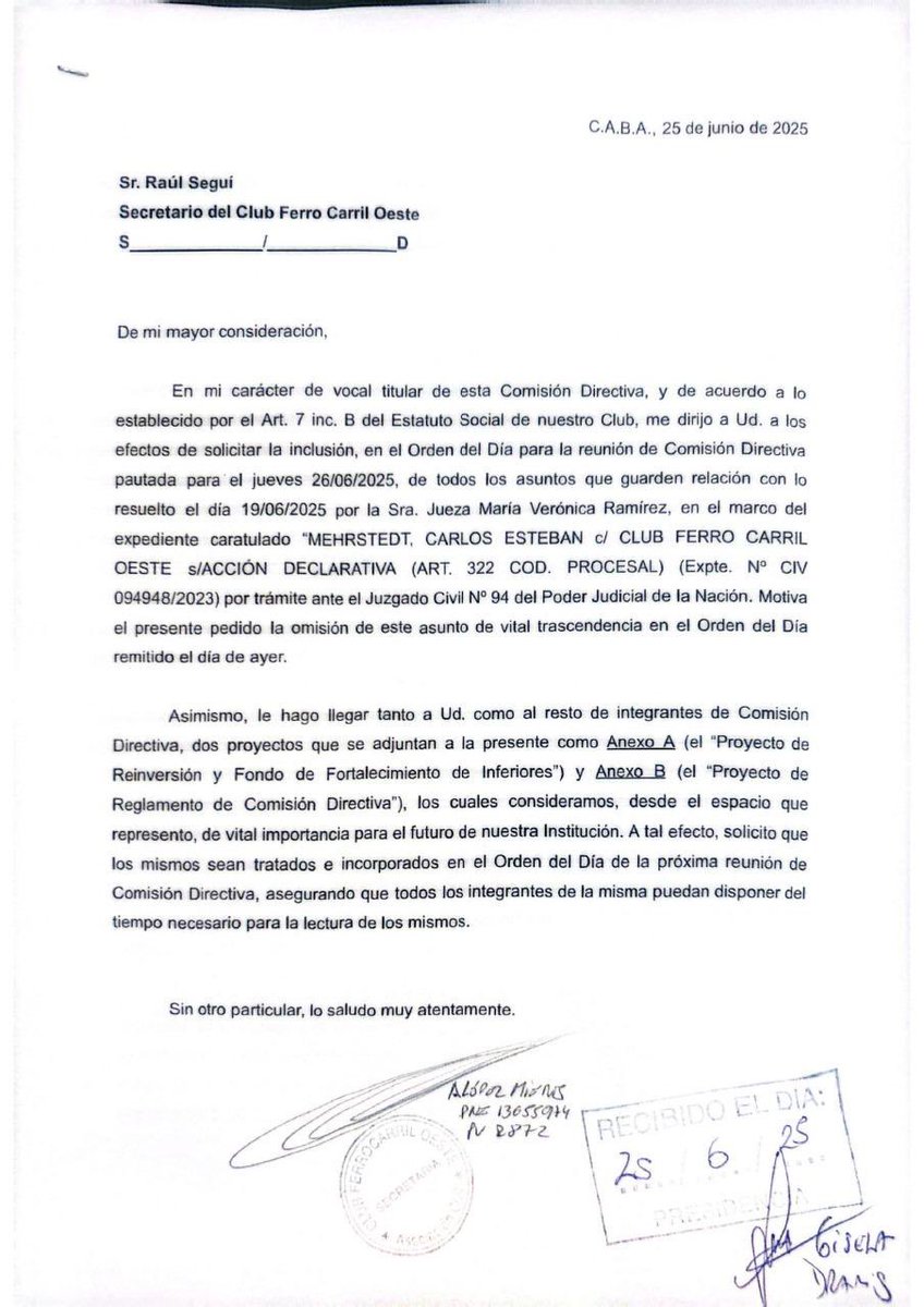 primeroferro's tweet photo. ⚖ Fallo judicial: Ayer solicitamos que se incorpore al Orden del Día el tratamiento del reciente fallo judicial sobre la representación de las minorías, que fue omitido en la convocatoria. Requerimos que se discuta y se vote en Comisión, y que el Club no apele una decisión que fortalece la institucionalidad.