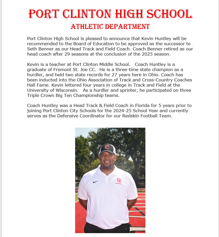 Port Clinton HS recommending Kevin Huntley as Boys &amp; Girls Head Track and Field Coach <a href="/RegisterSports/">Register Sports</a> <a href="/oatccc/">OATCCC</a>