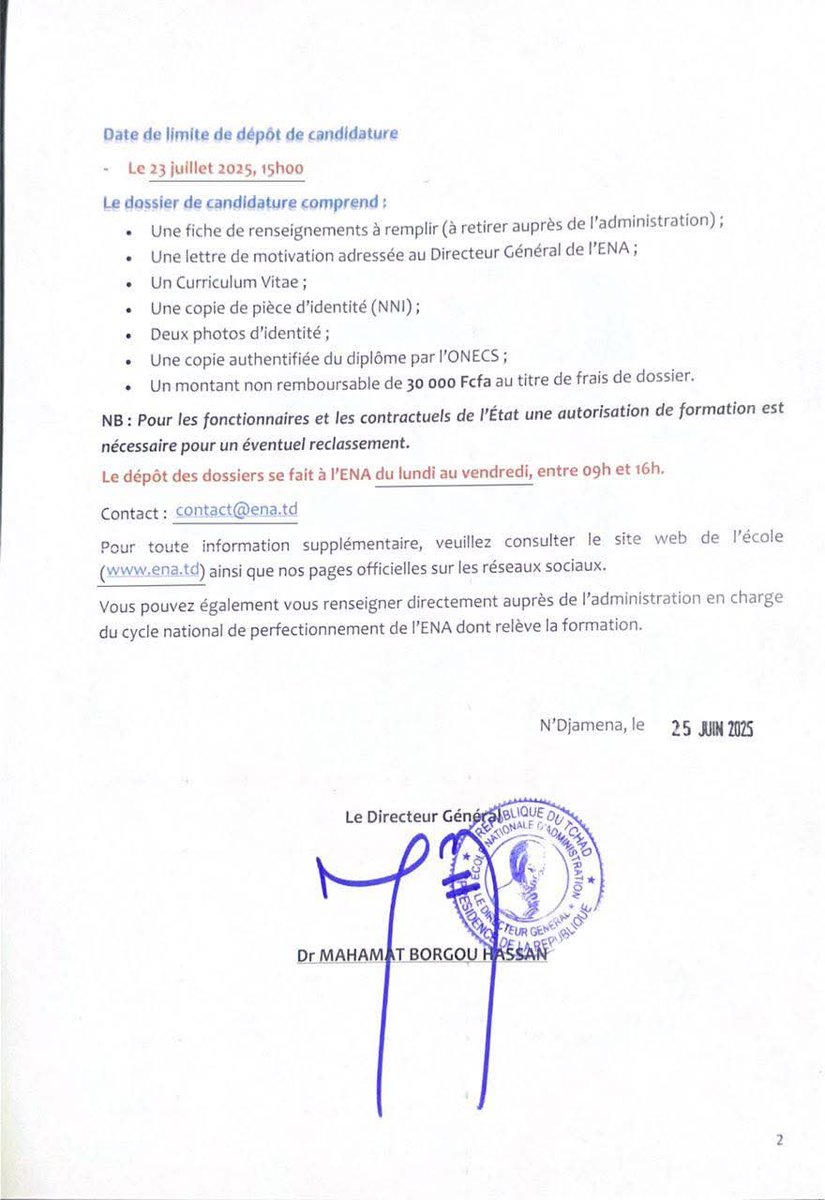 👋 L’ENA lance la 3e promo du Cycle de Perfectionnement en Management de la Performance Publique !

Une formation exigeante pour transformer l’administration 🇹🇩

📅 Clôture : 23 juillet 2025
📍 ENA N'Djamena
ℹ️ ena.td