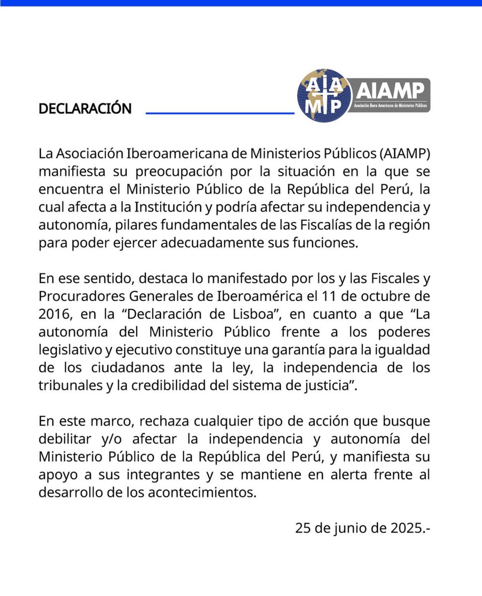 La <a href="/AIAMP_Pdencia/">AIAMP Presidencia</a> ha emitido una Declaración de los Fiscales y Procuradores Generales en apoyo al Ministerio Público de la República del Perú 🤝🏾