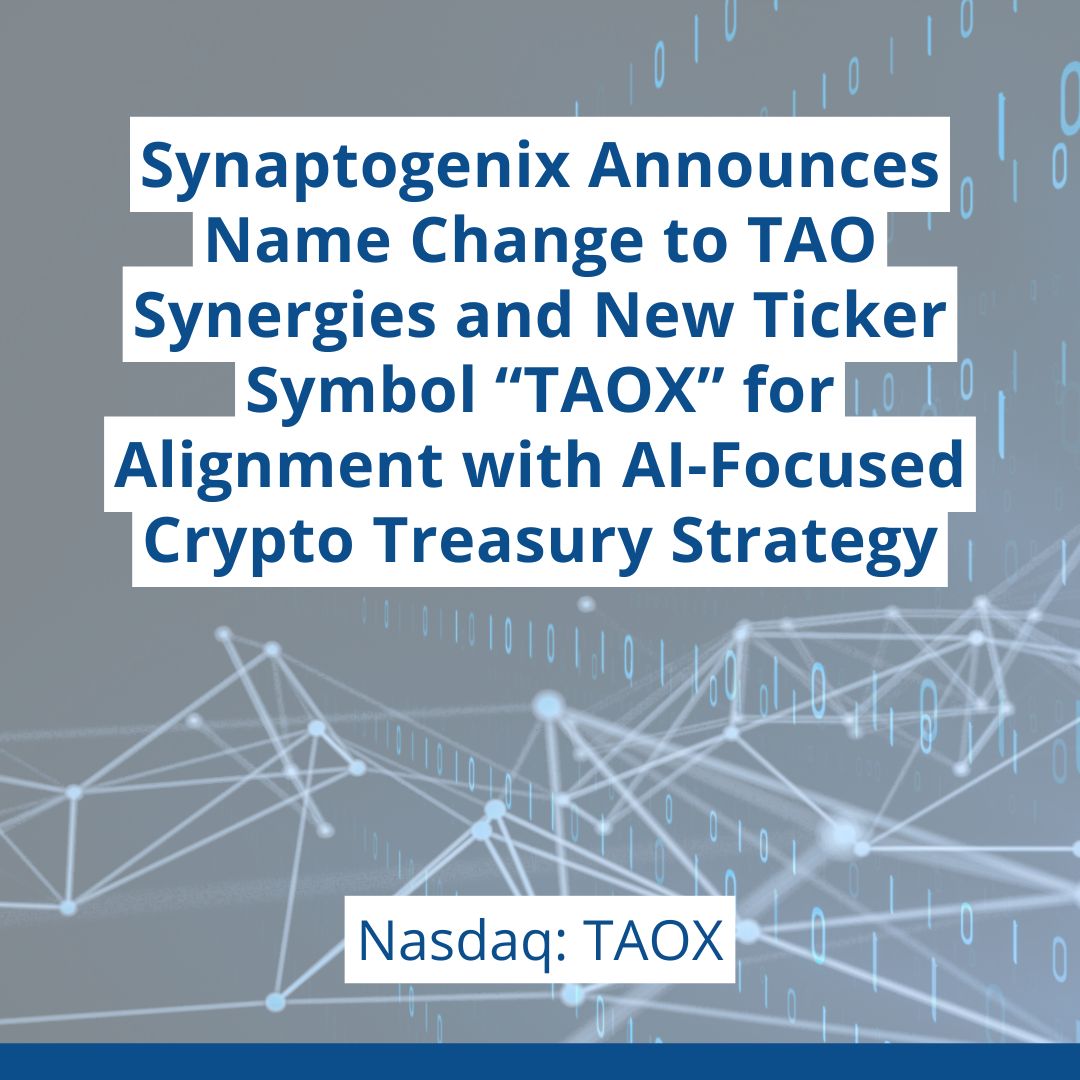 We are excited to announce our name change to TAO Synergies Inc. and its new ticker symbol $TAOX, a rebranding that aligns with our exclusive focus on $TAO and its long-term growth potential.

Read the press release: bit.ly/44lxH5u $SNPX #AI #MachineLearning #Crypto