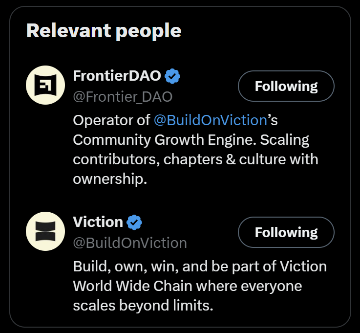 <a href="/Frontier_DAO/">FrontierDAO</a> <a href="/BuildOnViction/">Viction</a> Not just relevant people
We are fam!