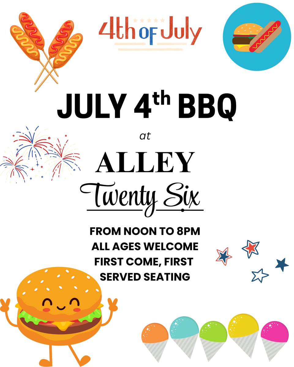 Durham's Alley Twenty Six is hosting a July 4th Cookout from noon-8 p.m. Friday, July 4, 2025.

Alley Twenty Six is located at 320 E. Chapel Hill St., Durham.

Info: alleytwentysix.com