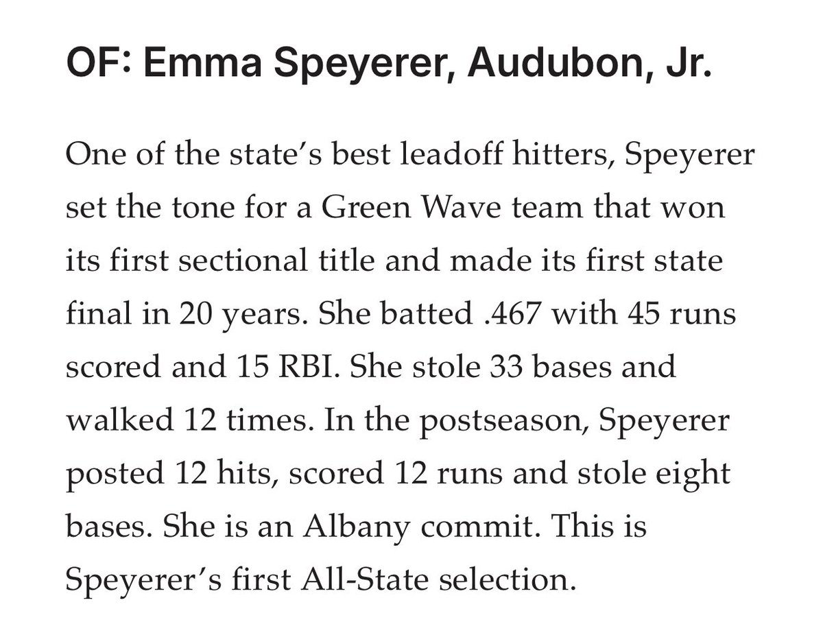 Emma Speyerer 2026 (@emmaspeyerer) on Twitter photo So excited for my first All-State selection!!! <a href="/sb_audubon/">Audubon High School Softball</a> <a href="/DukesGold/">Lady Dukes Gold Gaskill</a> <a href="/UAlbanySB/">UAlbanySB</a> So excited for my first All-State selection!!! <a href="/sb_audubon/">Audubon High School Softball</a> <a href="/DukesGold/">Lady Dukes Gold Gaskill</a> <a href="/UAlbanySB/">UAlbanySB</a>