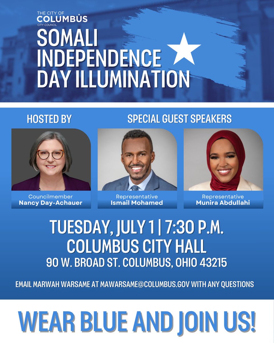 Wear blue and join us on July 1 as City Hall lights up in celebration of Somali Independence Day. Hosted by Councilmember Nancy Day-Achauer, the evening will include remarks from community leaders as we honor the history, culture, and contributions of the Somali community.
