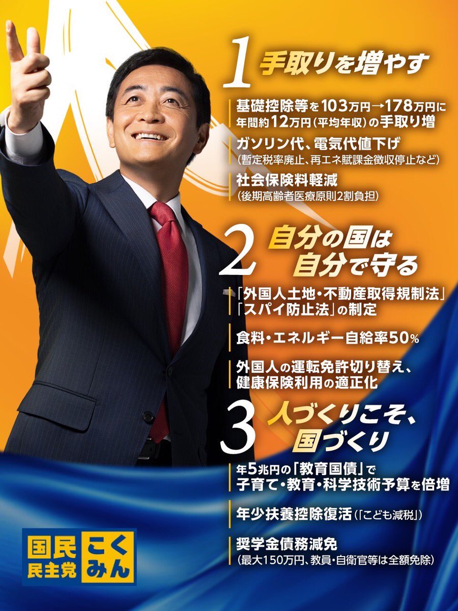 tamakiyuichiro's tweet image. 【公約】
国民民主党の参院選公約のポイントまとめてみました。
年少扶養控除復活については「こども減税」と併記してみました。
その他の項目も含め皆さんのご意見いただければ幸いです。
できるだけ分かりやすく伝えていければと思います。
#国民民主党
#手取りを増やす夏
#やっぱり国民民主党