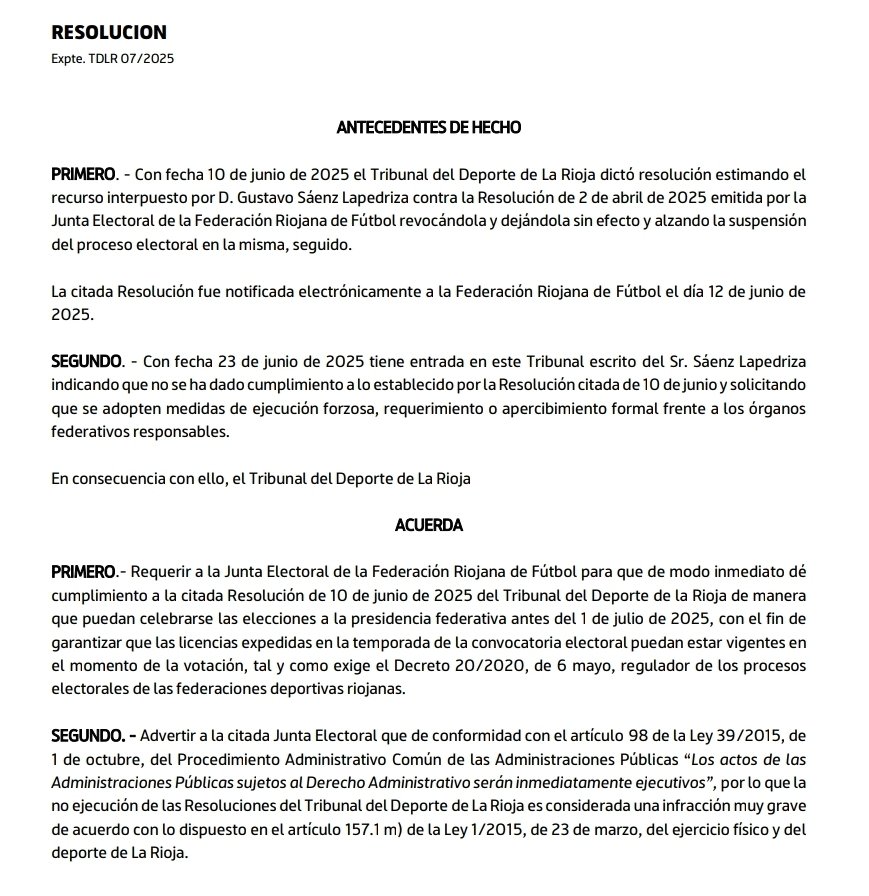 La Asociación Transparencia y Democracia en el Deporte <a href="/asociacionTyD/">Asociación Transparencia Democracia en el Deporte</a> prepara querella contra la junta electoral y la junta directiva de la <a href="/fedriojafutbol/">Federación Riojana de Fútbol</a> por presuntos delitos de desobediencia y prevaricación administrativa.

Jacinto y su primo quieren por todos los medios que