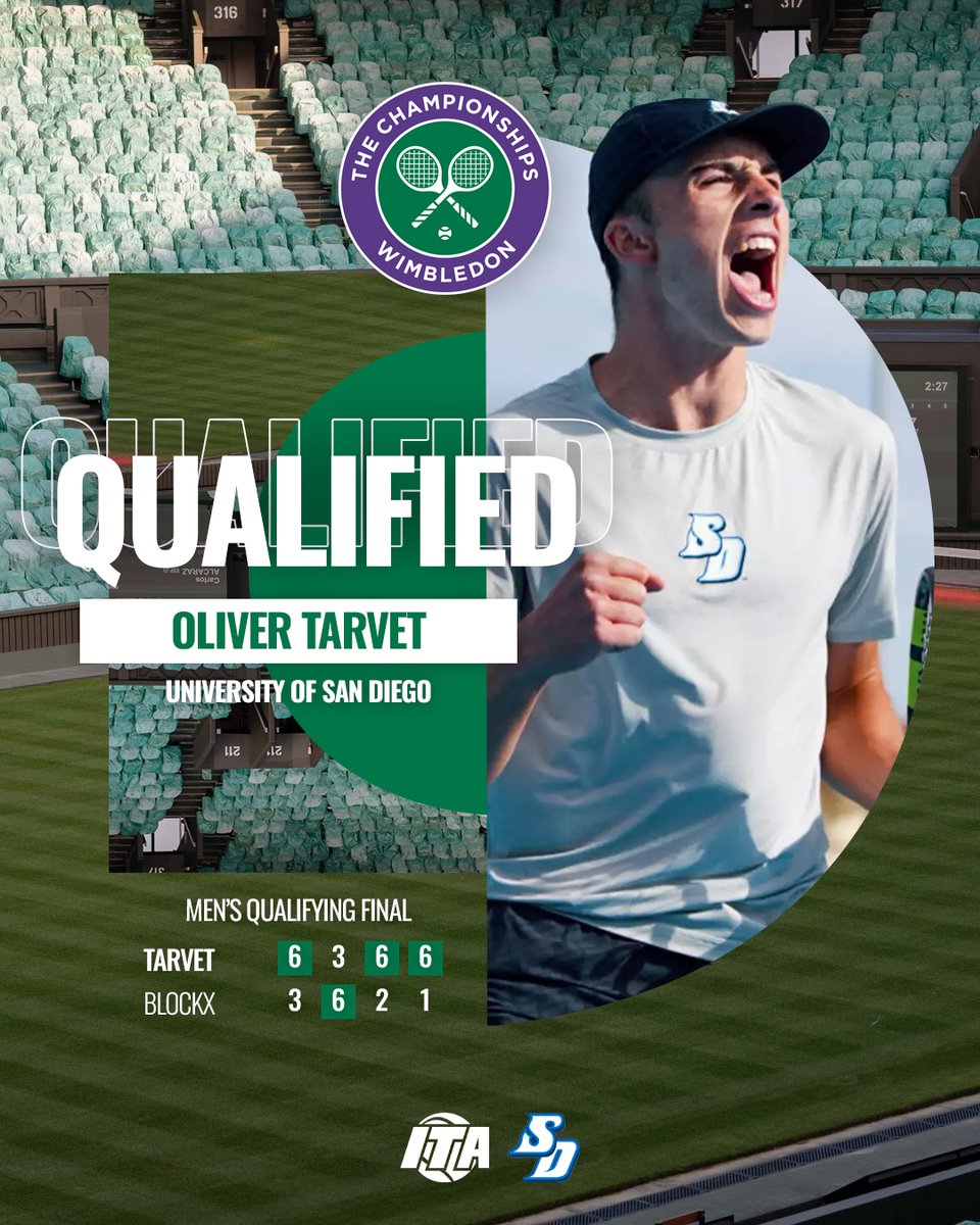 Making His Grand Slam Main Draw Debut 👏

Congratulations to Oliver Tarvet (<a href="/USDmtennis/">San Diego Men's Tennis</a>) on qualifying for the Wimbledon Gentleman's Singles Main Draw!

#WeAreCollegeTennis x <a href="/USDmtennis/">San Diego Men's Tennis</a>