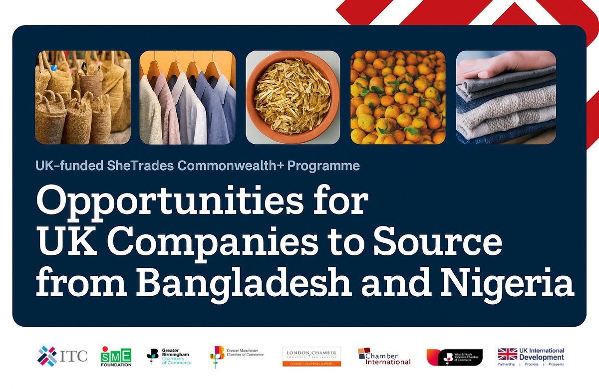 You're Invited: SheTrades UK Buyer–Seller Connect + International Networking Dinner

<a href="/ITC_SheTrades/">ITC SheTrades</a> brings Nigeria &amp; Bangladesh to Bradford

📅 30 June 
🕓 B2B Matchmaking 4:00pm-5:30pm
🍽️ Dinner @ MyLahore 6:00pm

Let’s talk trade
🔗BOOK NOW bit.ly/3ZvYHO2

#ChamberInt