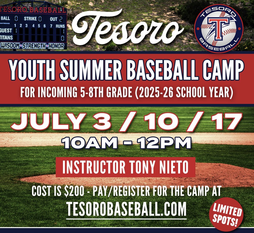 Tesoro Baseball (@tesorotitans_bb) on Twitter photo Last call for our annual youth baseball camp at Tesoro. We still have spots available for 5th, 6th, 7th & 8th graders. Camp dates are July 3, 10 & 17. Register at TesoroBaseball.com/future-titans <a href="/OfficialTesoro/">Official Tesoro HS</a> Last call for our annual youth baseball camp at Tesoro. We still have spots available for 5th, 6th, 7th & 8th graders. Camp dates are July 3, 10 & 17. Register at TesoroBaseball.com/future-titans <a href="/OfficialTesoro/">Official Tesoro HS</a>