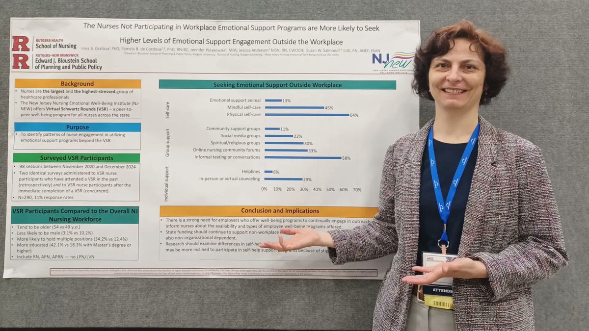 blousteinschool's tweet image. Dr. Irina Grafova recently returned from the @AcademyHealth conference, where she presented two posters from the Virtual Schwartz Rounds emotional support program for nurses, run by the New Jersey Nursing Emotional Well-being Institute. #nursing bloustein.rutgers.edu/dr-grafova-pre…