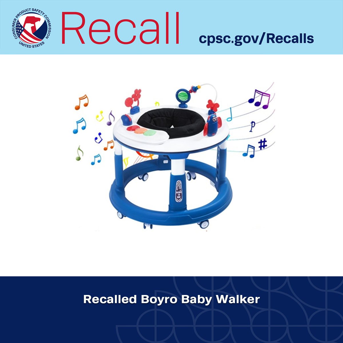 #RECALL: Boyro Baby walkers recalled due to risk of serious injury, death from fall hazard; violations of federal standard for infant walkers, lead content ban; sold exclusively on Amazon.com. Get a refund. CONTACT: boyrobaby.com/round-walker-s…

cpsc.gov/Recalls/2025/B…