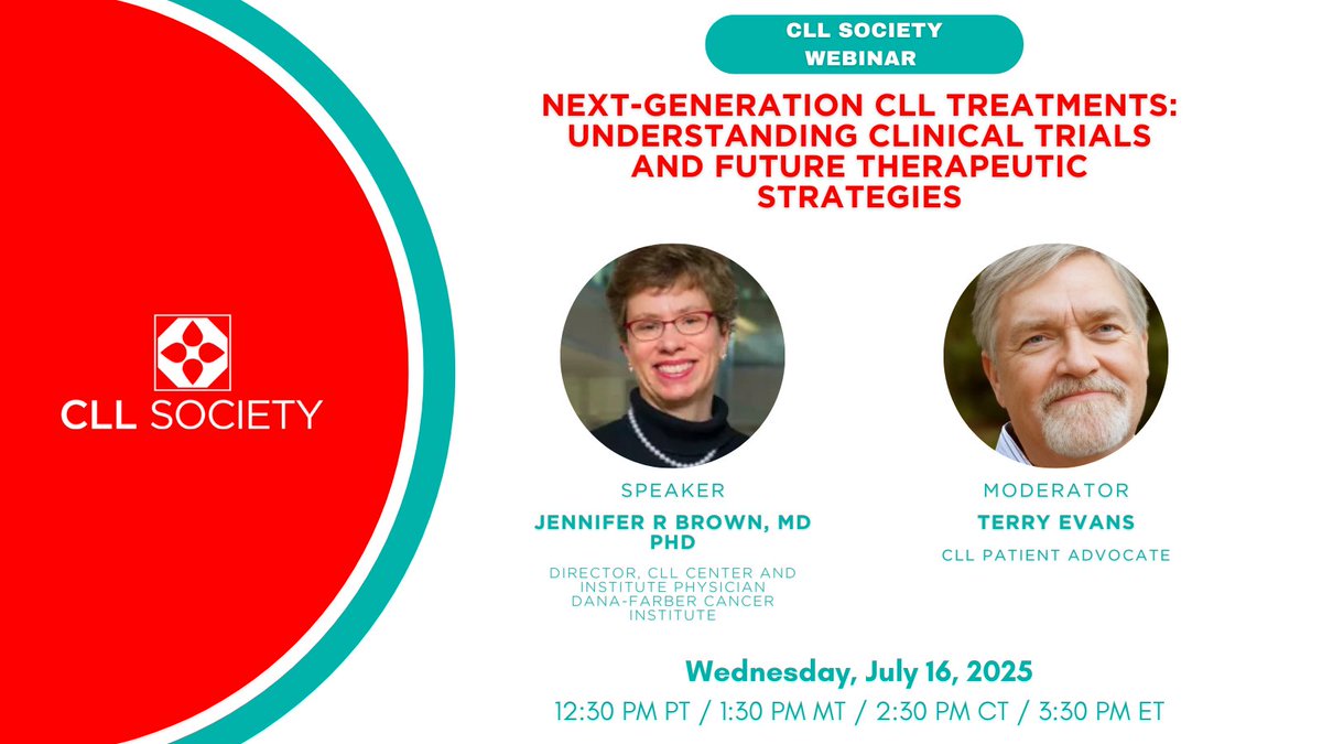 Join our webinar on 7/16 at 3:30pm ET with CLL expert Dr. Jennifer Brown. Dr. Brown will discuss novel treatment strategies, combination therapies, &amp; clinical trials for CLL. Fellow CLL patient advocate Terry Evans will moderate. Learn more &amp; register at: bit.ly/3YK3ZoL