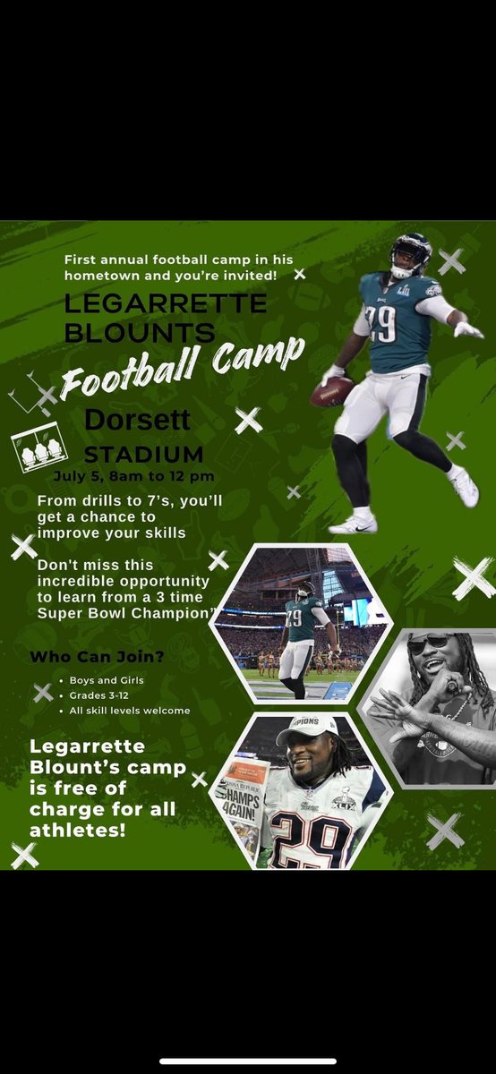 Taylor County Football (@taycobulldogs) on Twitter photo 🚨FREE YOUTH CAMP🚨
Join us July 5th at Dorsett Stadium for an unforgettable day with LeGarrette Blount!
⏰ 8AM - 12PM
📍Grades 3-12
💪 Everyone welcome!
Huge thank you to <a href="/LG_Blount/">LeGarrette Blount</a> for pouring into our kids and community! 🙌 #DAWG #LeadTheWay 🏈 🚨FREE YOUTH CAMP🚨
Join us July 5th at Dorsett Stadium for an unforgettable day with LeGarrette Blount!
⏰ 8AM - 12PM
📍Grades 3-12
💪 Everyone welcome!
Huge thank you to <a href="/LG_Blount/">LeGarrette Blount</a> for pouring into our kids and community! 🙌 #DAWG #LeadTheWay 🏈
