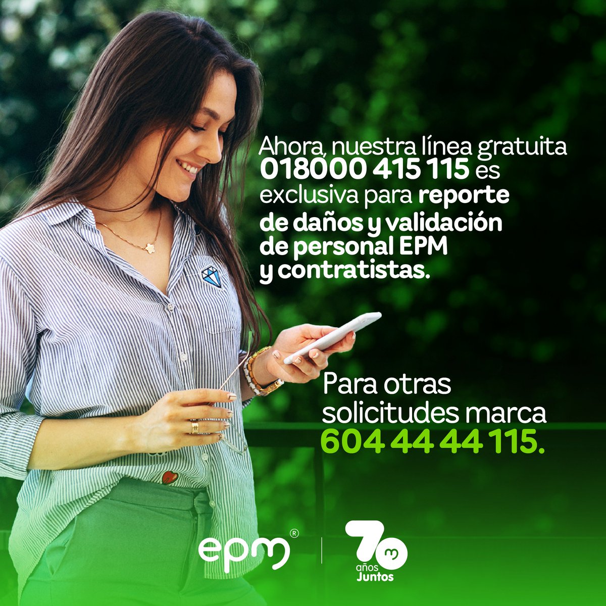 EPMestamosahi's tweet photo. Para brindarte un mejor servicio, nuestra línea gratuita 018000 415 115 ahora está disponible únicamente para:
✅ Reporte de daños
✅ Validación de contratistas y funcionarios EPM
¡Llama sin costo desde teléfono fijo o celular!

Para todos los demás servicios, comunícate a nuestra línea 604 44 44 115.