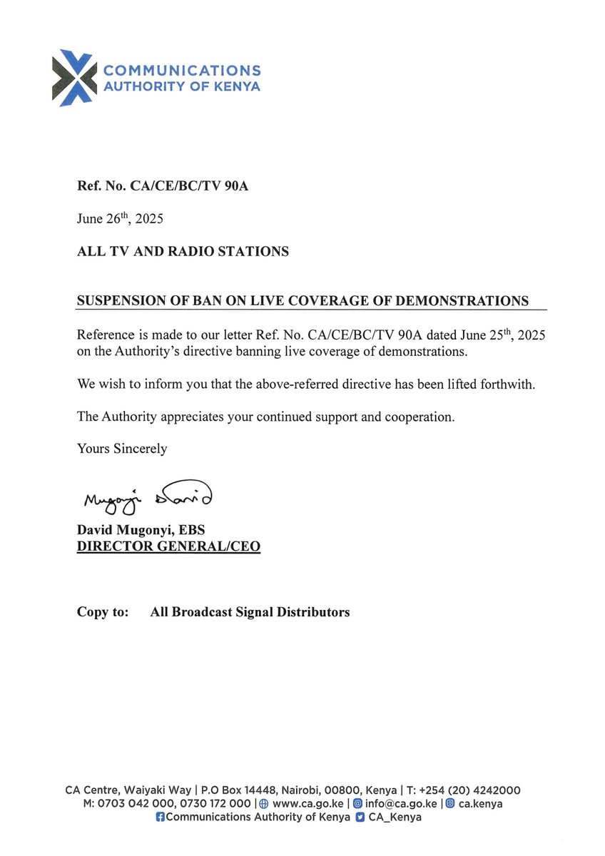 *Notice to All Broadcasters*
Suspension of Ban on Live Coverage of Demonstrations