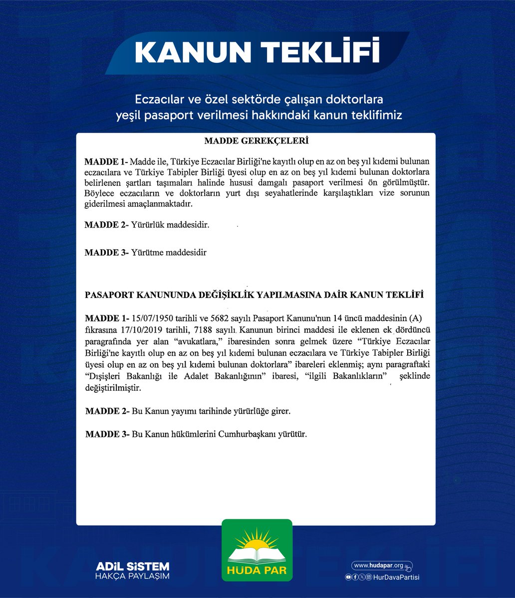 Milletvekilimiz Faruk Dinç, eczacılar ve özel sektörde çalışan doktorlara yeşil pasaport verilmesi hakkındaki kanun teklifimizi Meclis'e sundu.

Teklif yasalaşırsa Türk Eczacılar Birliği'ne kayıtlı eczacılar ve Türk Tabipler Birliği'ne üye doktorlar, 15 yıl kıdem   sürelerini