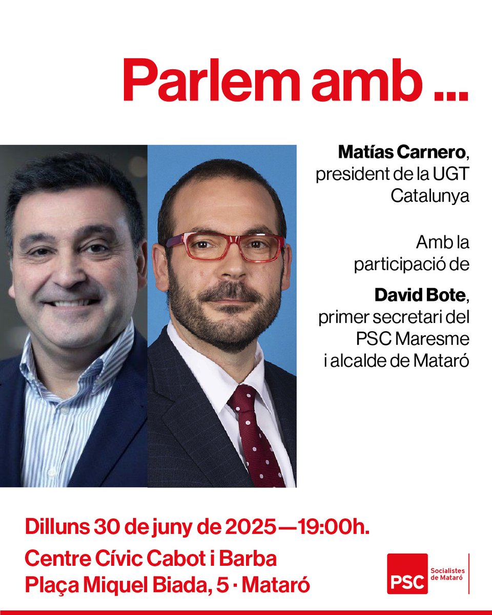 👉Parlem amb Matías Carnero, president de la <a href="/ugtcatalunya/">UGT de Catalunya</a>, i <a href="/DBotePaz/">David Bote Paz</a>, alcalde de Mataró

🗓️ Avui dilluns 30 de juny de 2025
🕖19:00h
📍 Centre Cívic Cabot i Barba · Pl. Miquel Biada 5 (davant estació) · Mataró
🚶‍♀️ Entrada lliure