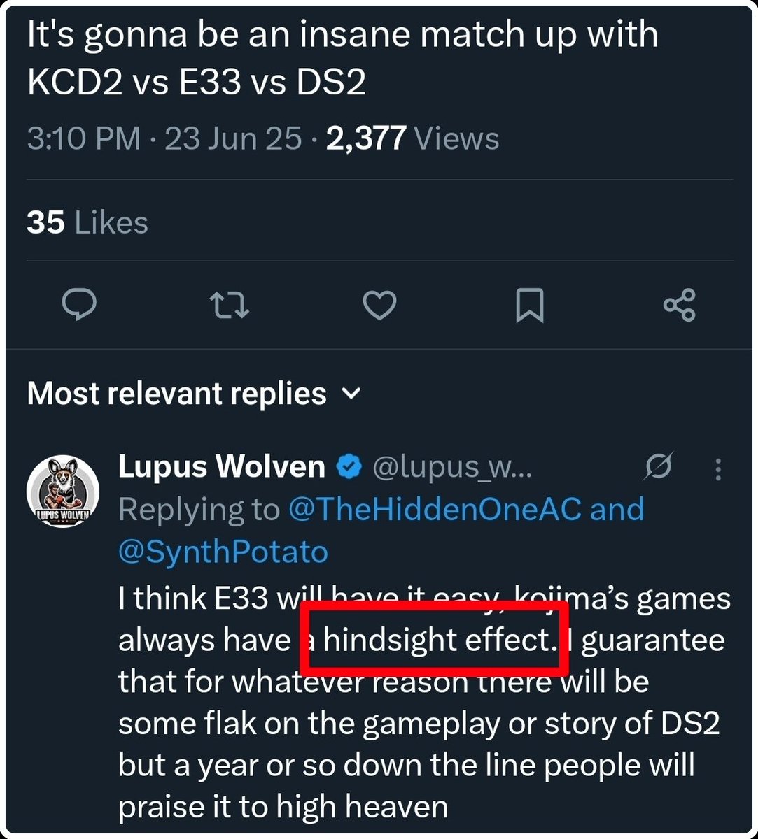 هذا مقصدي بالضبط 💯

كوجيما دائما يلعب على حبل الـHindsight أو ما يسمى بـ(الإدراك المتأخر) في جميع أعماله..

- أي بمعنى انه بمجرد ما يصير التويست في آخر ساعتين من اللعبة بعد ما يشقك شق ب60 ساعة تمطيط وغموض ماله داعي.. تبدأ فجأة تتناسى كل السلبيات وتقول "اوه والله كانت رحلة جميلة"