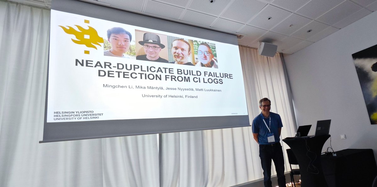 Fantastic work! Mika Mäntylä <a href="/mmantyla/">Mika Mäntylä</a> from the University of Helsinki has presented on "Near-Duplicate Build Failure Detection from Continuous Integration Logs" at @PROMISE_conf. Super relevant and insightful research for #SoftwareEngineering #CI #BuildFailures!