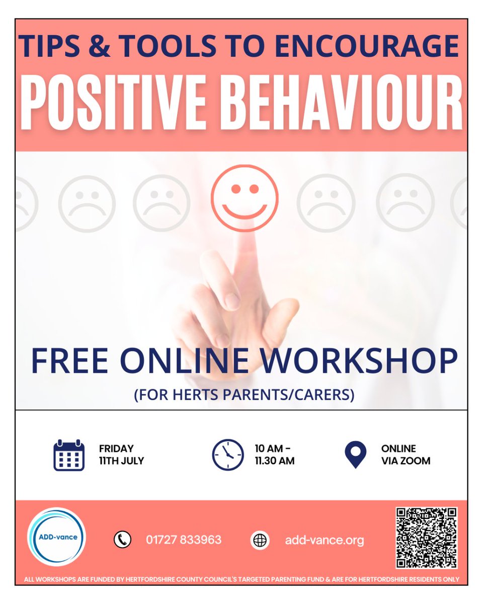 VanceAdd's tweet image. 📣 FREE ONLINE WORKSHOP for Herts parents & carers 📣
Book here: t.ly/gbGHb or scan the QR code
#ADDvance #ADHD #autism #neurodiversity
#neurodivergent #neurodivergence #herts
#hertfordshire #positivebehaviour #onlineworkshop