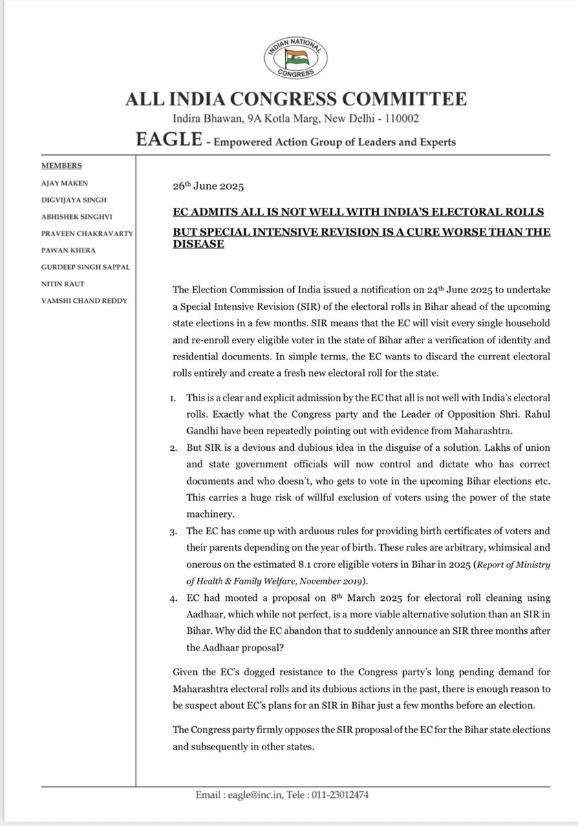 Pawan Khera 🇮🇳 (@pawankhera) on Twitter photo The proposed Special Intensive Revision of electoral rolls carries a huge risk of willful exclusion of voters using the power of the state machinery.’
Our statement on <a href="/ECISVEEP/">Election Commission of India</a> announcement of Special Intensive Revision of electoral rolls for Bihar. The proposed Special Intensive Revision of electoral rolls carries a huge risk of willful exclusion of voters using the power of the state machinery.’
Our statement on <a href="/ECISVEEP/">Election Commission of India</a> announcement of Special Intensive Revision of electoral rolls for Bihar.