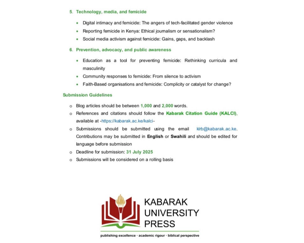 Kabarak University Press (@kabupresske) on Twitter photo π¨ Call for Blogs
The Kabarak Law Review Blog invites submissions for its upcoming Symposium on the Criminalisation of Femicide in Kenya.
π Deadline: 31 July 2025
π© klrb@kabarak.ac.ke
π kabarak.ac.ke/kalci
#EndFemicideKE #LegalScholarship #KLRBlog π¨ Call for Blogs
The Kabarak Law Review Blog invites submissions for its upcoming Symposium on the Criminalisation of Femicide in Kenya.
π Deadline: 31 July 2025
π© klrb@kabarak.ac.ke
π kabarak.ac.ke/kalci
#EndFemicideKE #LegalScholarship #KLRBlog