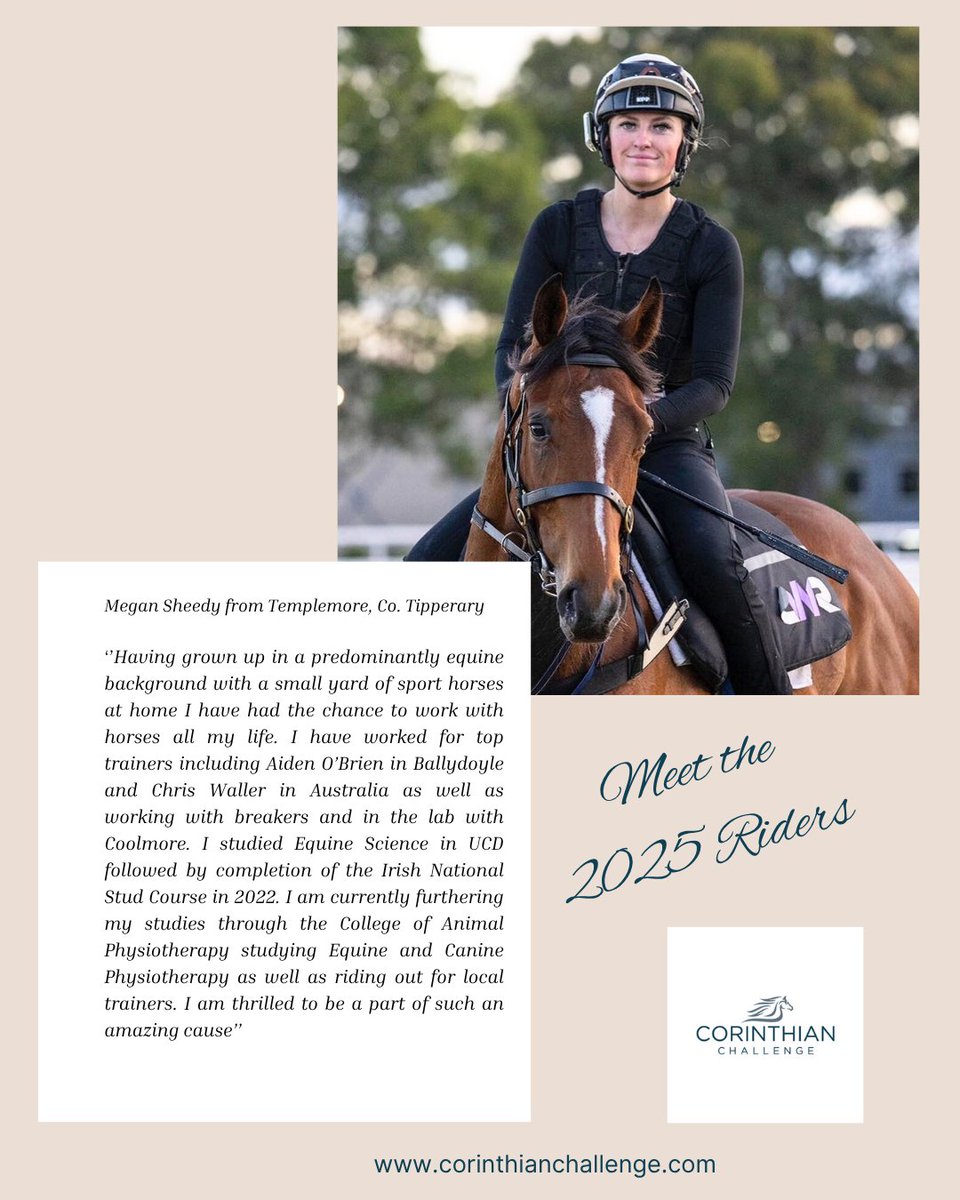 Corinthian profiles -  Megan Sheedy has  worked for top trainers including Aidan O’Brien &amp; Chris Waller in OZ in the lab with Coolmore. Megan is riding Bright Start for Shane Duffy in our Corinthian Challenge. Support her here  - irishinjuredjockeys.enthuse.com/pf/megan-sheedy